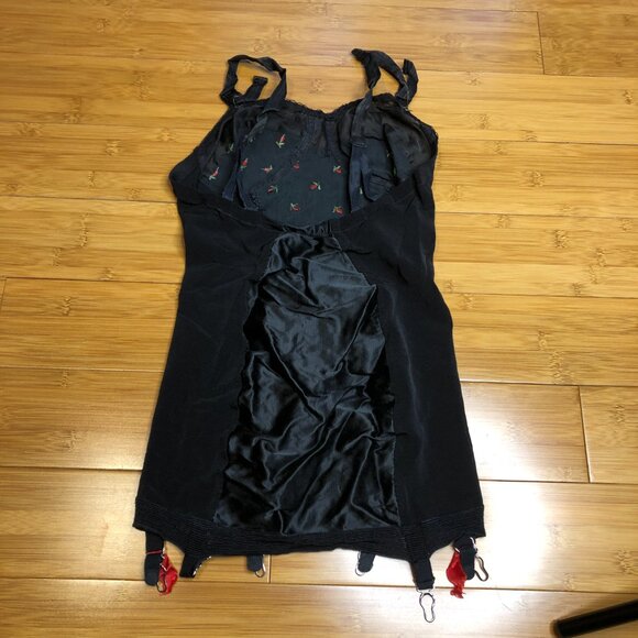 Vintage Pinup Black w/ Red Roses Longline Bustier Garters Bodysuit XS Bettie - Picture 7 of 10